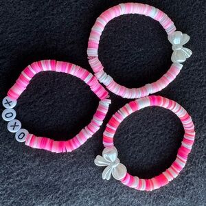 Handmade Pink White Clay Bead Bows XOXO Letters Valentine 3 Bracelets Set